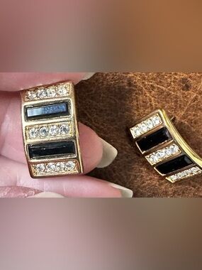 Vintage Swarovski signed Black enamel and pave Crystal Huggie Earrings